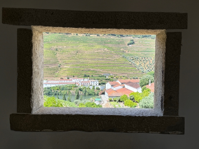       View of terraced vineyards through a stone window.
  