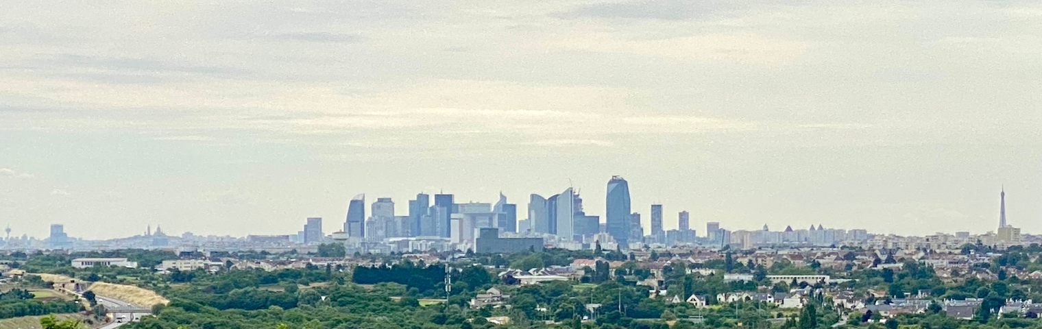 City skyline with modern skyscrapers in the distance.