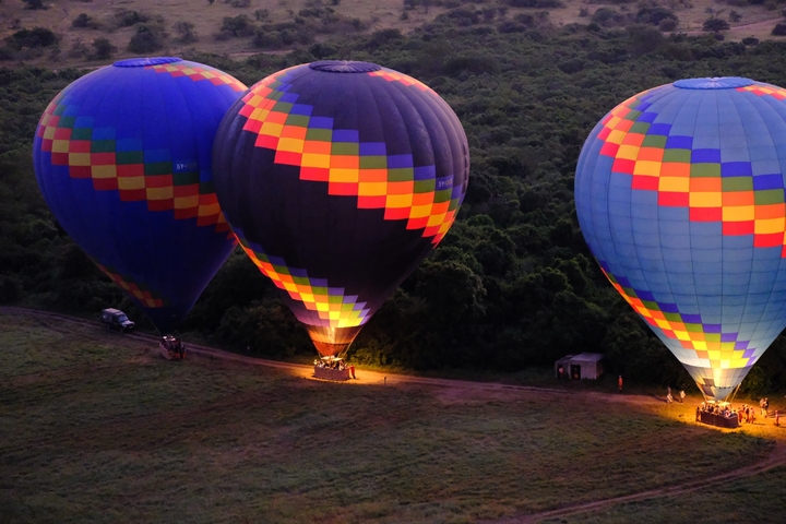 Hot air balloons illuminated and preparing for takeoff.