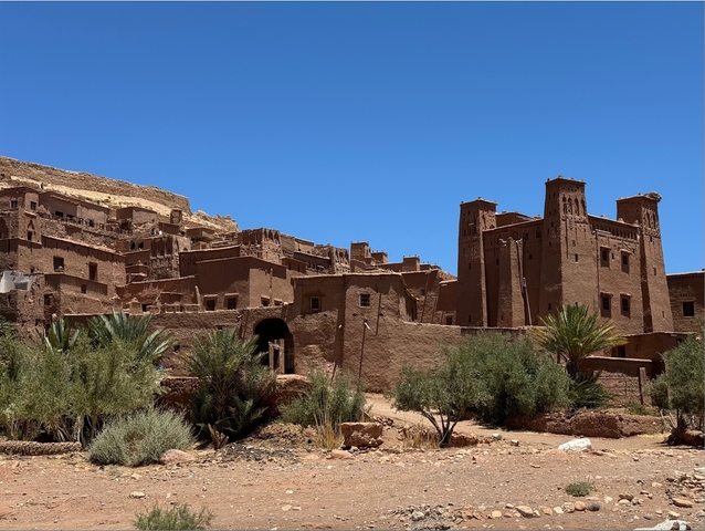       Traditional Moroccan architecture with clay buildings and palm trees.
  