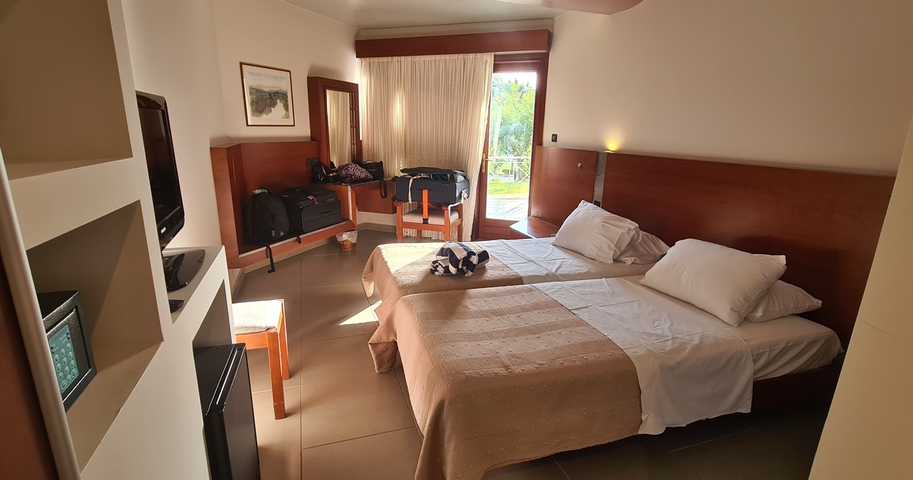 Interior of a hotel room with two beds