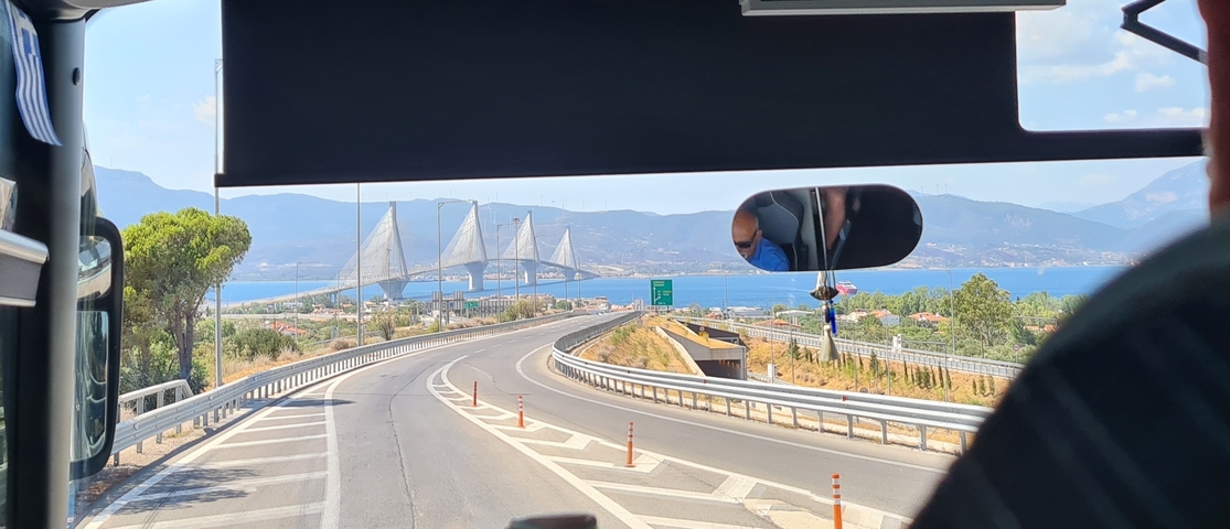       View of a cable-stayed bridge from a vehicle
  