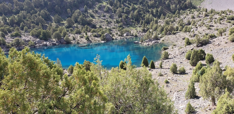       A vivid blue mountain lake surrounded by trees and rocky terrain.
  