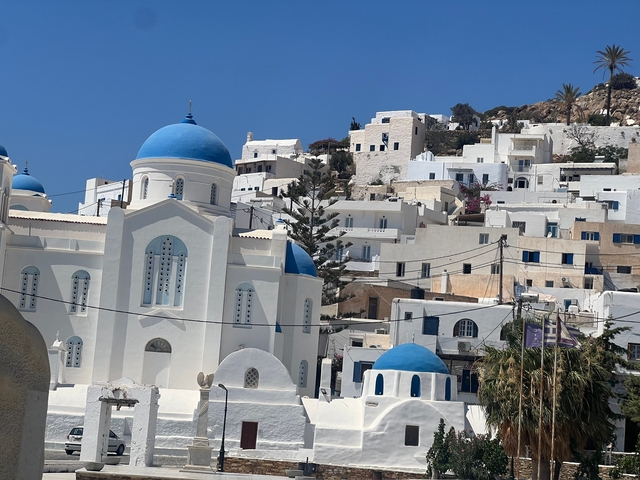 Buildings with blue domes in a whitewashed city.