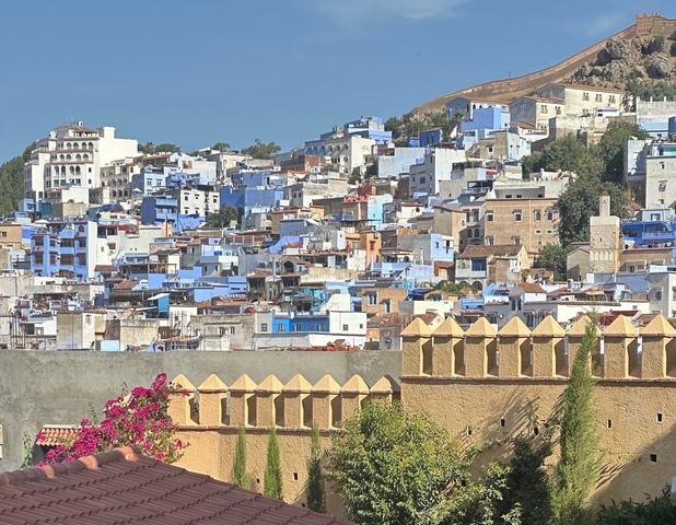       Scenic view of Chefchaouen with blue and white buildings on a hill.
  