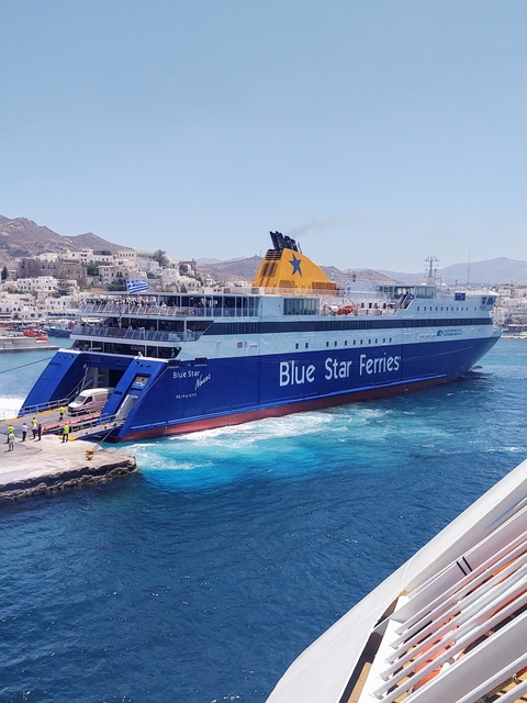 Blue Star Ferry arriving at a Greek island port.