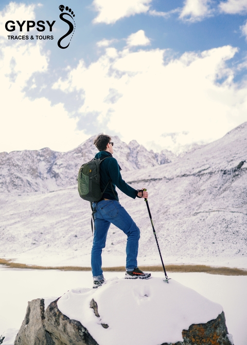       Person standing on snowy terrain with a backpack and hiking pole.
  
