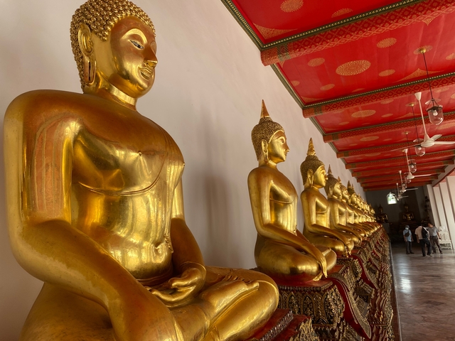       Row of golden Buddha statues in a temple corridor.
  