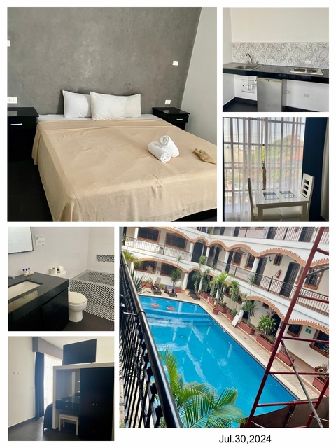       Images showcasing hotel amenities including a pool and room
  