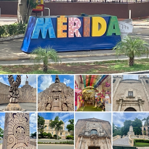 Sign and various cultural landmarks in a collage