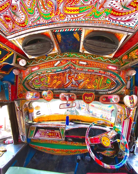 Colorful and vibrant interior of a decorated vehicle
