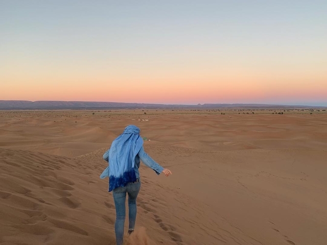       Person walking across desert dunes during sunset.
  
