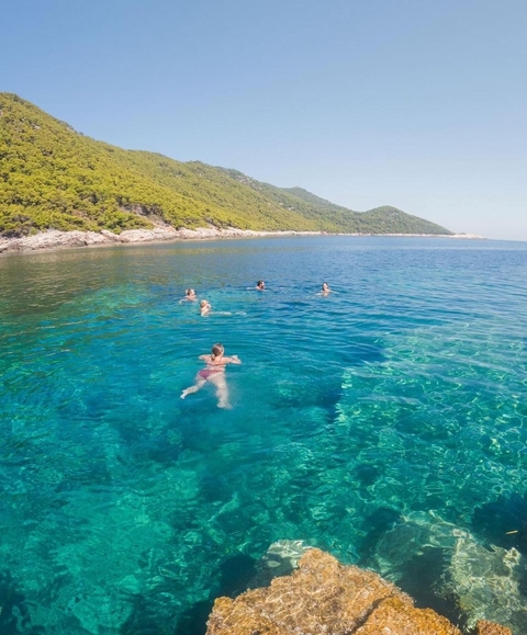       People swimming in a clear sea near a rocky beach.
  