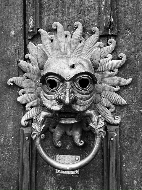       Close-up of a decorative ancient door knocker.
  