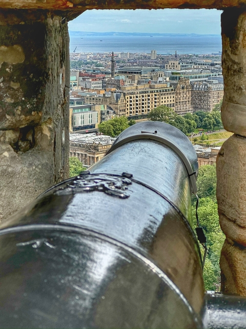       A cannon pointing out of a stone fortress with city view behind.
  