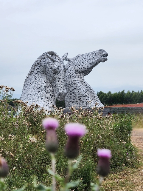 The Kelpies sculptures surrounded by flowers.