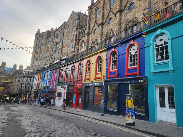 Colorful buildings with people walking on the street.