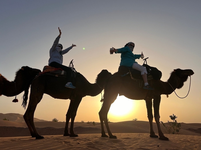       Two people riding camels at sunset
  