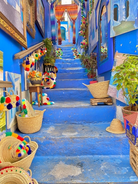       Blue staircase decorated with vibrant baskets and plants.
  