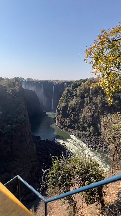       Victoria Falls with water flowing between cliffs.
  