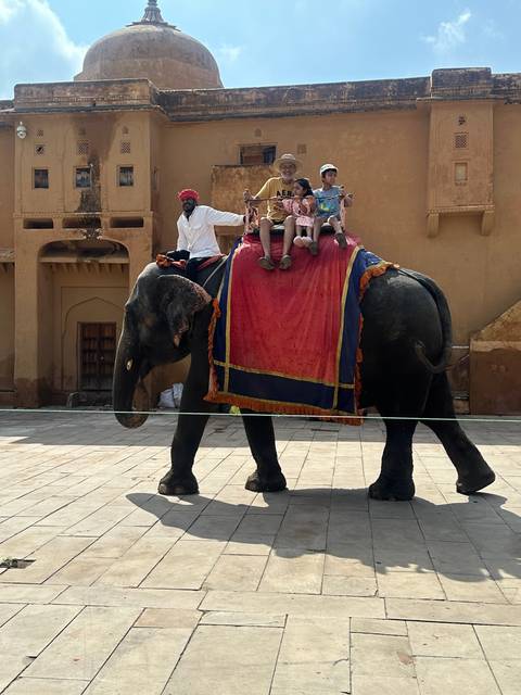       Tourists riding an elephant with a handler.
  