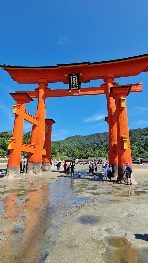       Large red torii gate in water with people nearby.
  