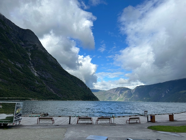       Scenic fjord view with clear sky and mountains.
  