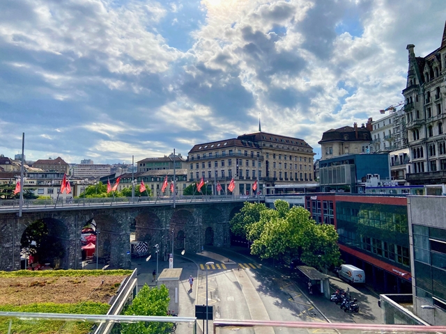 Cityscape with a bridge and flags, under a cloudy sky.