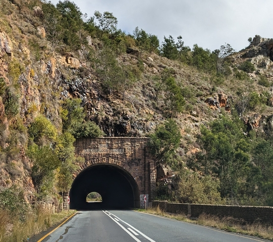       A rustic tunnel entrance on a mountainside surrounded by trees.
  