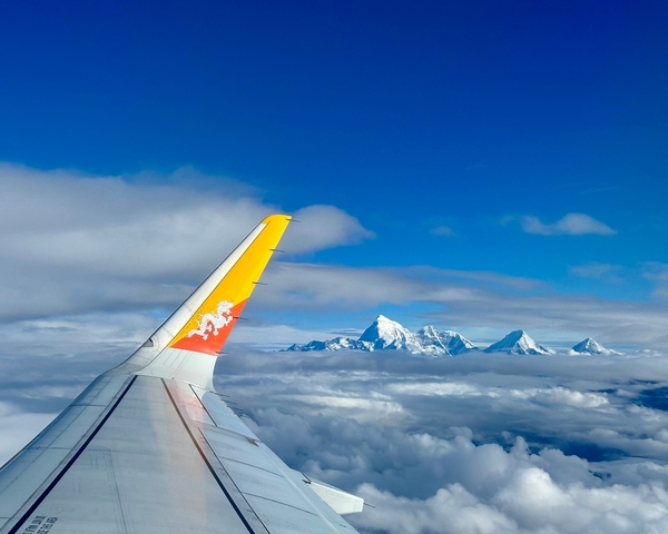       Airplane wing with a view of snow-covered mountains.
  