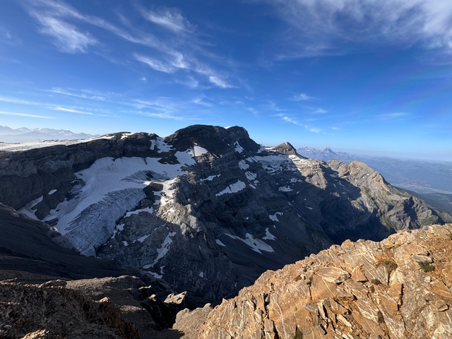       Mountain range with snow and glaciers.
  