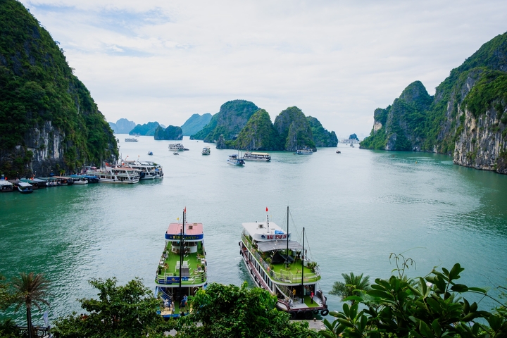 Halong Bay with cruise boats and limestone karsts.