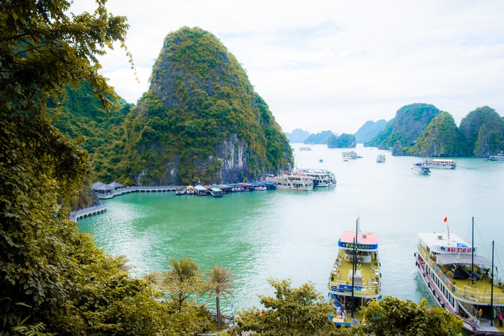 Scenic view of Halong Bay with boats on the water.