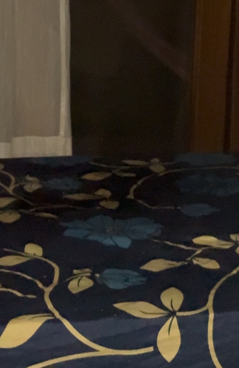 A close-up view of a patterned fabric with poor lighting.