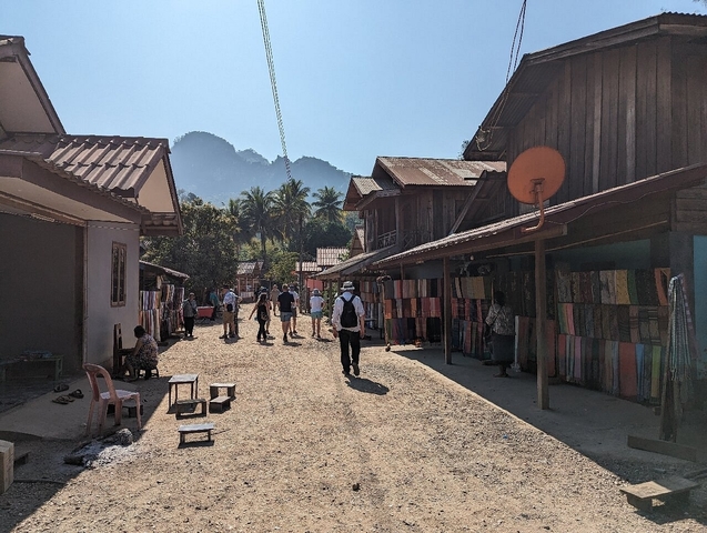       Group of people walking through a market street in a rural area.
  