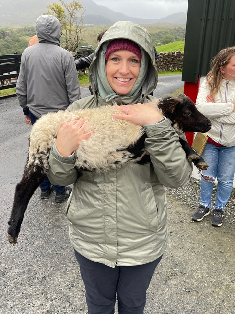 Person cuddling a small sheep or lamb.