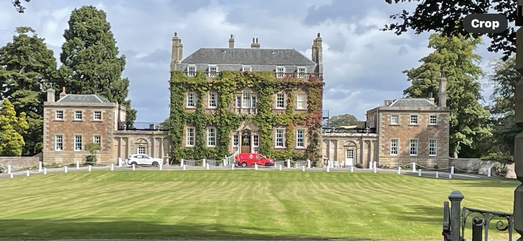 Large mansion surrounded by a green lawn.