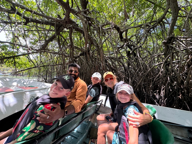 Group of people on a boat ride through mangrove forests.