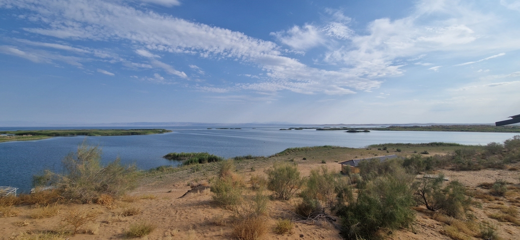 Expansive view of a large lake with sparse vegetation