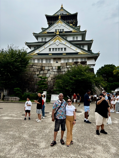 Tourists in front of a historic castle.