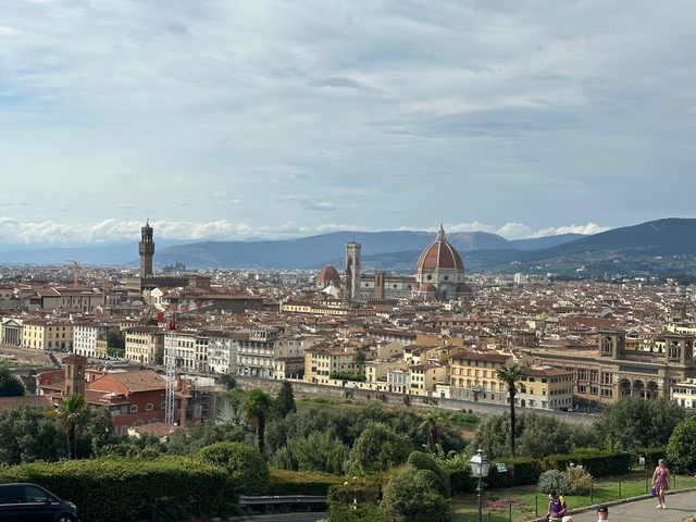       Aerial view of a city featuring a large cathedral with domes.
  