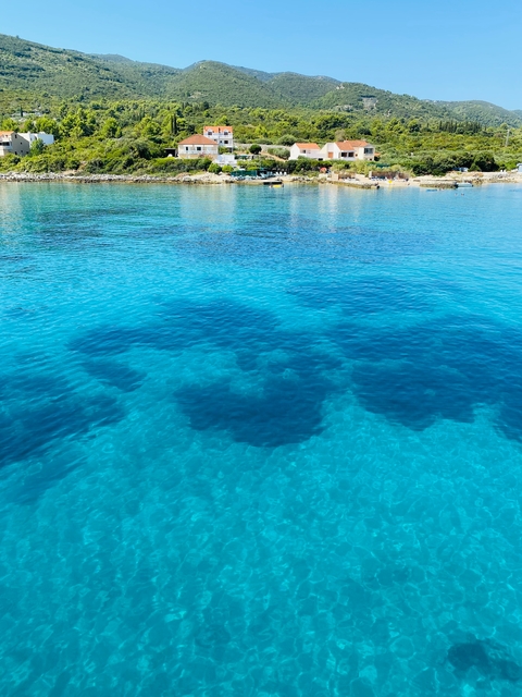 Clear blue water with floating shadows.