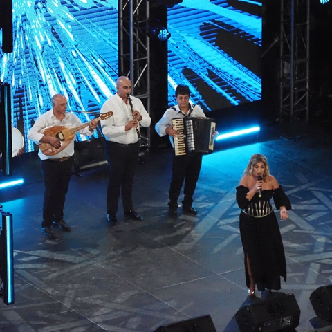 Musicians and a singer performing on stage.