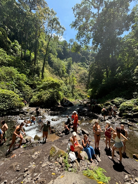 People enjoying a natural stream in a lush, forested valley.