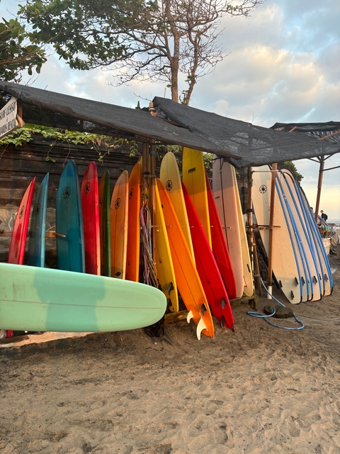 Colorful surfboards lined up against a wall at a beach.