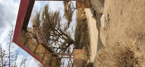 Entrance gate to Serengeti with dry landscape surrounding.