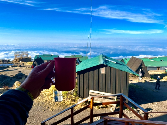 A hand holding a mug in front of mountain huts.