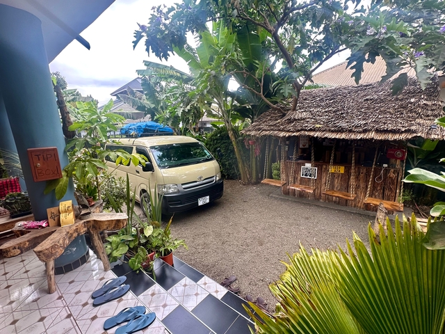 Outdoor area with a parked van and thatched hut.