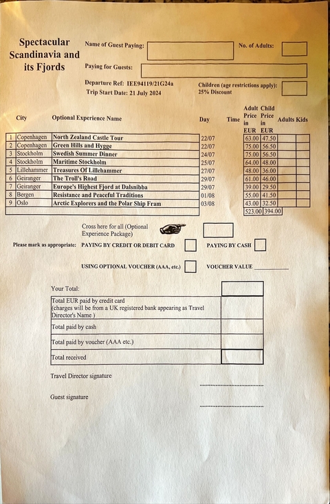 Printed itinerary with payment options.