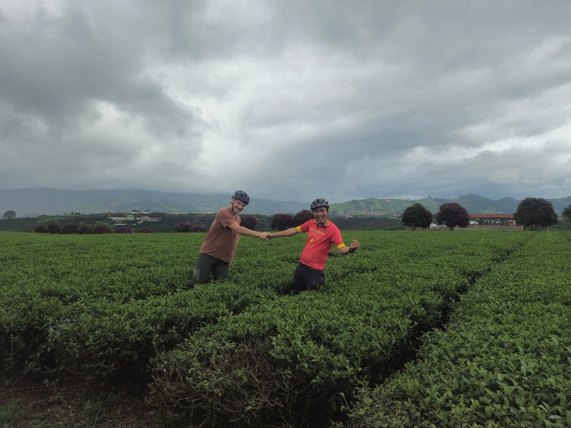 Two people celebrating in a field of greenery.